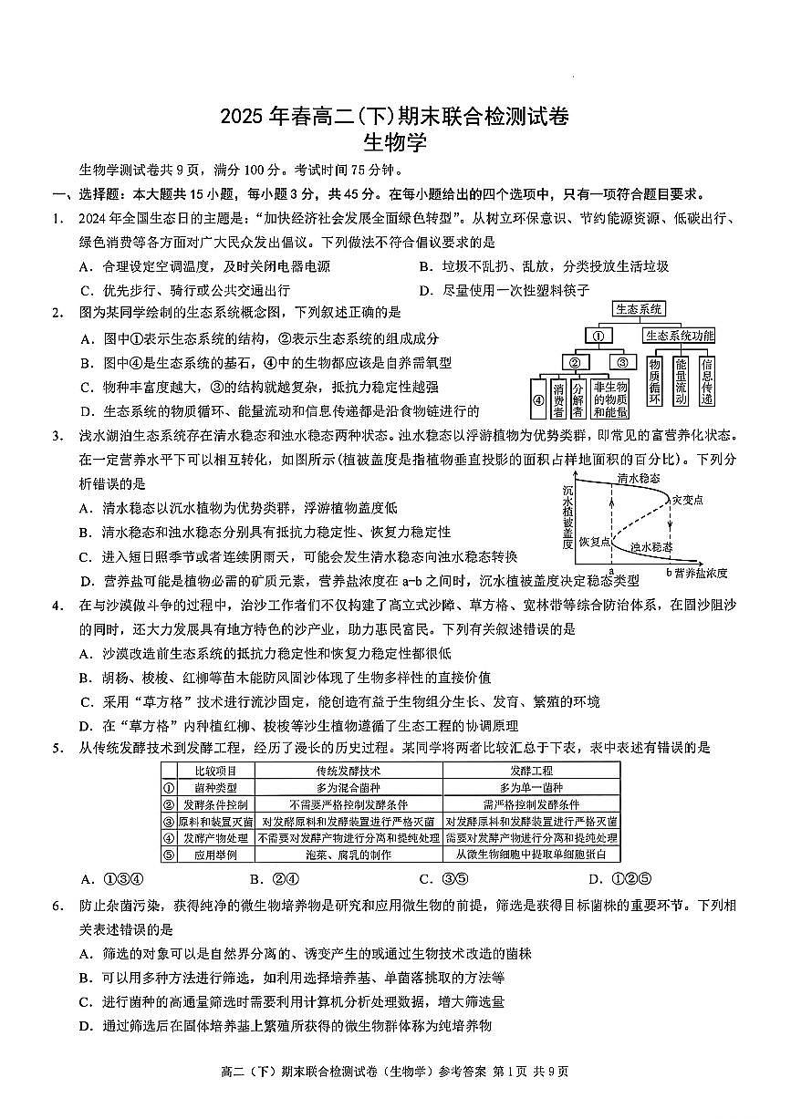 重庆市康德教育2024-2025学年高二下学期期末考试生物试题（PDF版附解析）第1页