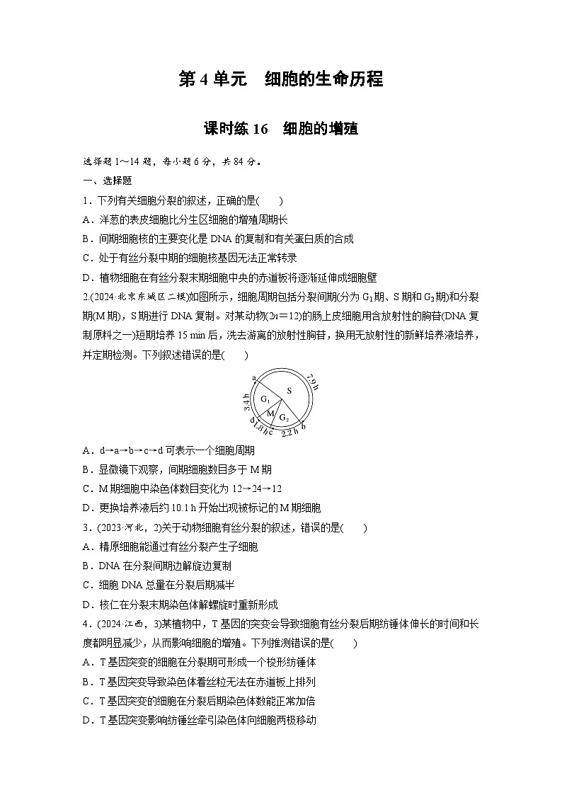 【备考2026】高考生物一轮复习资源：第4单元 课时练16 细胞的增殖（课时精练）（学生版）第1页