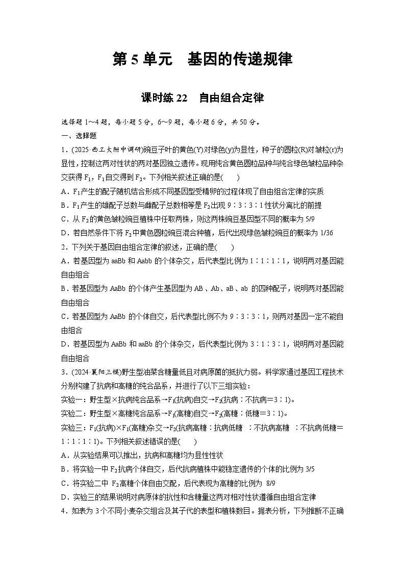 【备考2026】高考生物一轮复习资源：第5单元 课时练22 自由组合定律（课时精练）（学生版）第1页