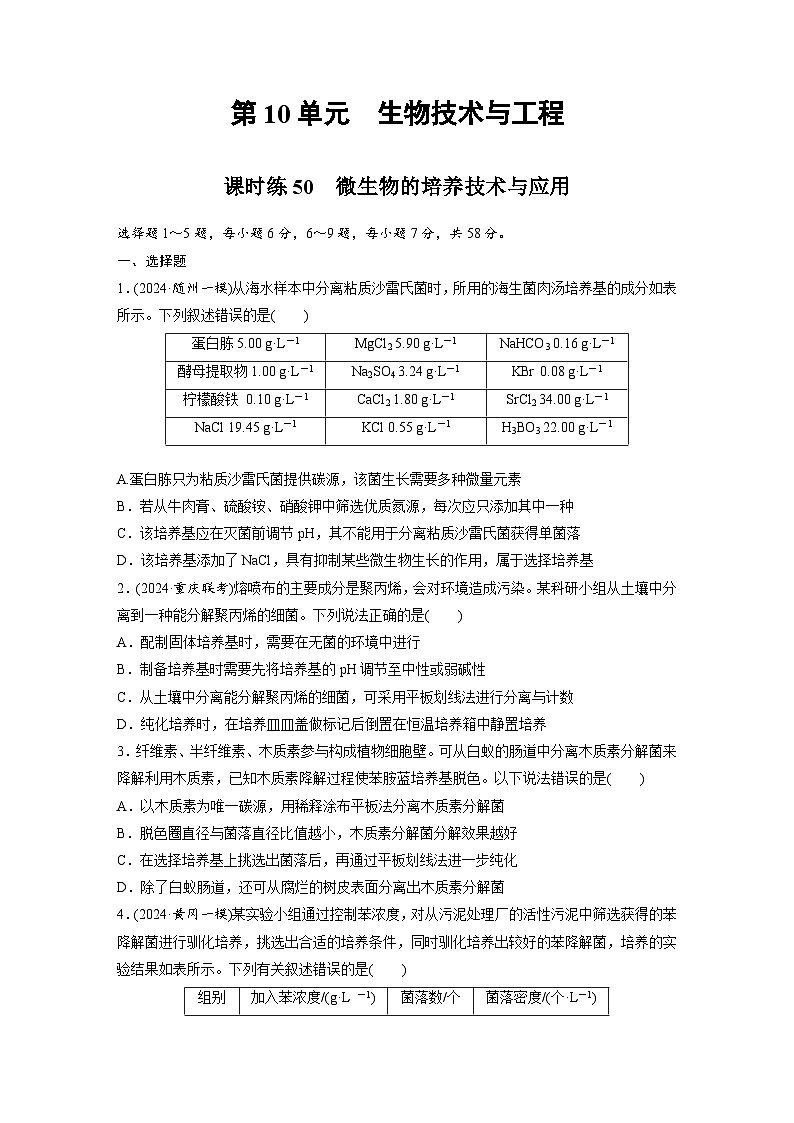 【备考2026】高考生物一轮复习资源：第10单元 课时练50 微生物的培养技术与应用（课时精练）（学生版）第1页