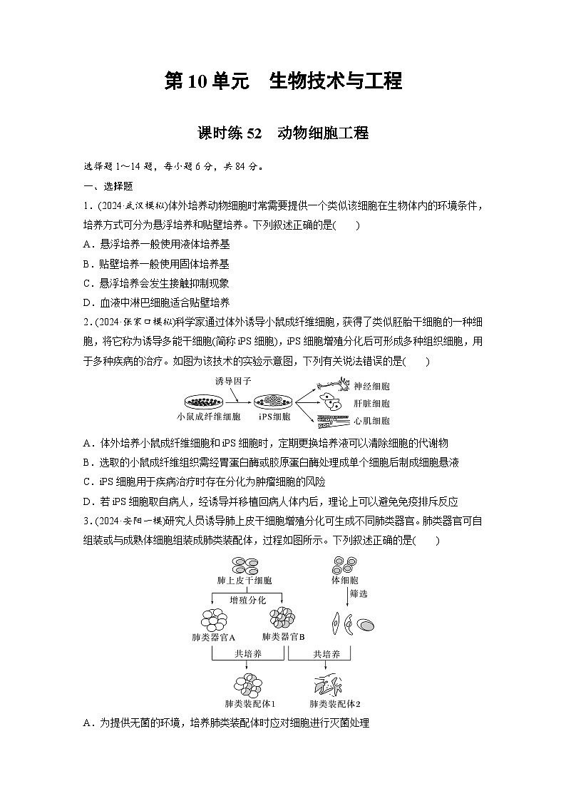 【备考2026】高考生物一轮复习资源：第10单元 课时练52 动物细胞工程（课时精练）（学生版）第1页