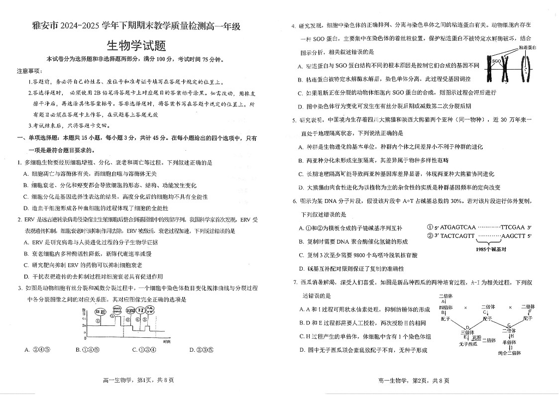 四川省雅安市2024-2025学年高一下学期期末教学质量检测生物试卷第1页