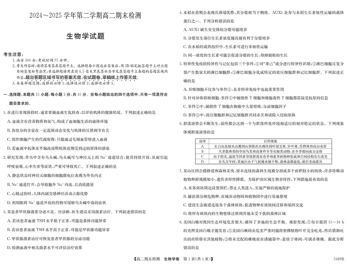 安徽省县中联盟2024-2025学年第二学期高二期末检测生物学试题第1页