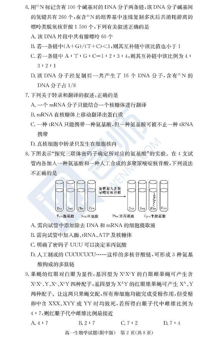 生物试卷（附中高一期末2期）第2页