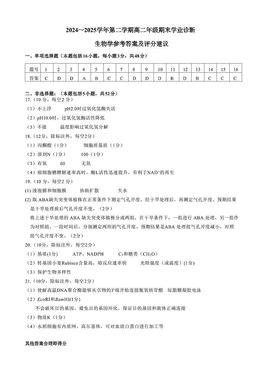 太原市2024-2025学年高二下学期期末生物答案第1页