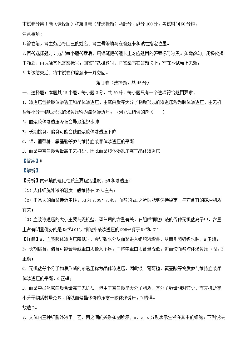 山东省德州市2024_2025学年高二生物上学期11月期中试题含解析第1页