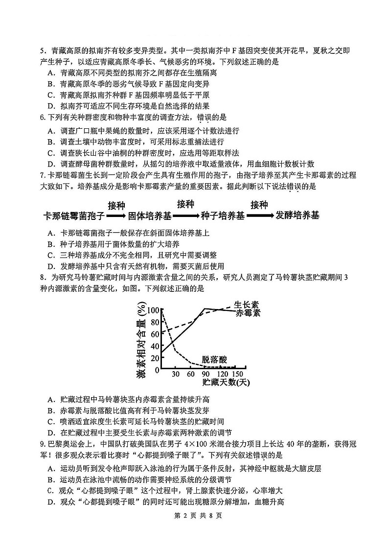 2025年2月浙江G12名校协作体高三下学期返校考-生物试卷（含答案）第2页