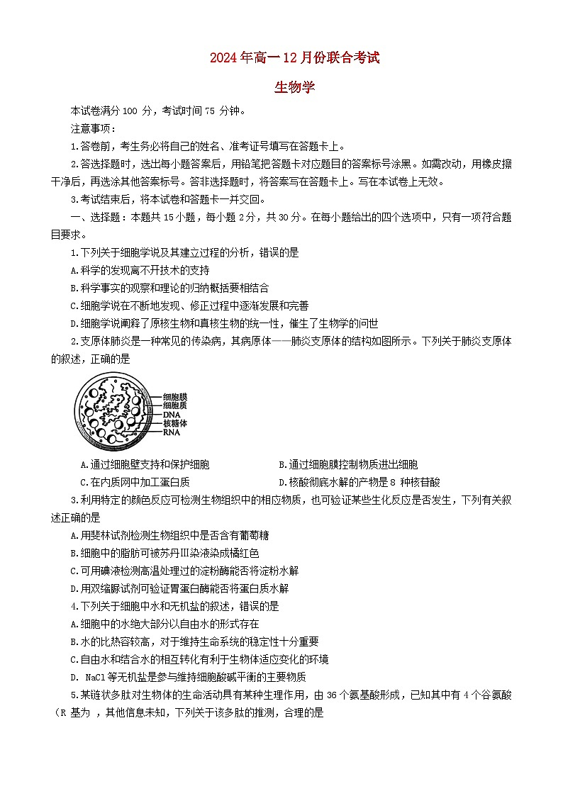 辽宁省2024_2025学年高一生物上学期12月月考试题含解析第1页