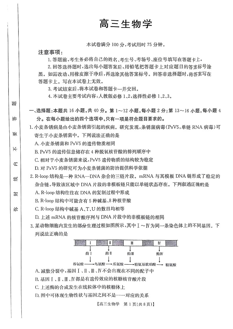 河南省金太阳2025年2月高三下学期2月份联考-生物试卷（学生版）第1页