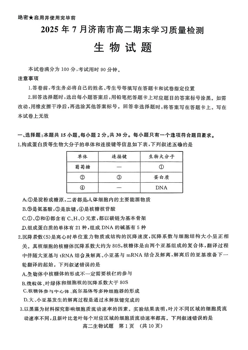 山东省济南市2024-2025学年高二下学期7月期末学习质量检测生物试卷第1页