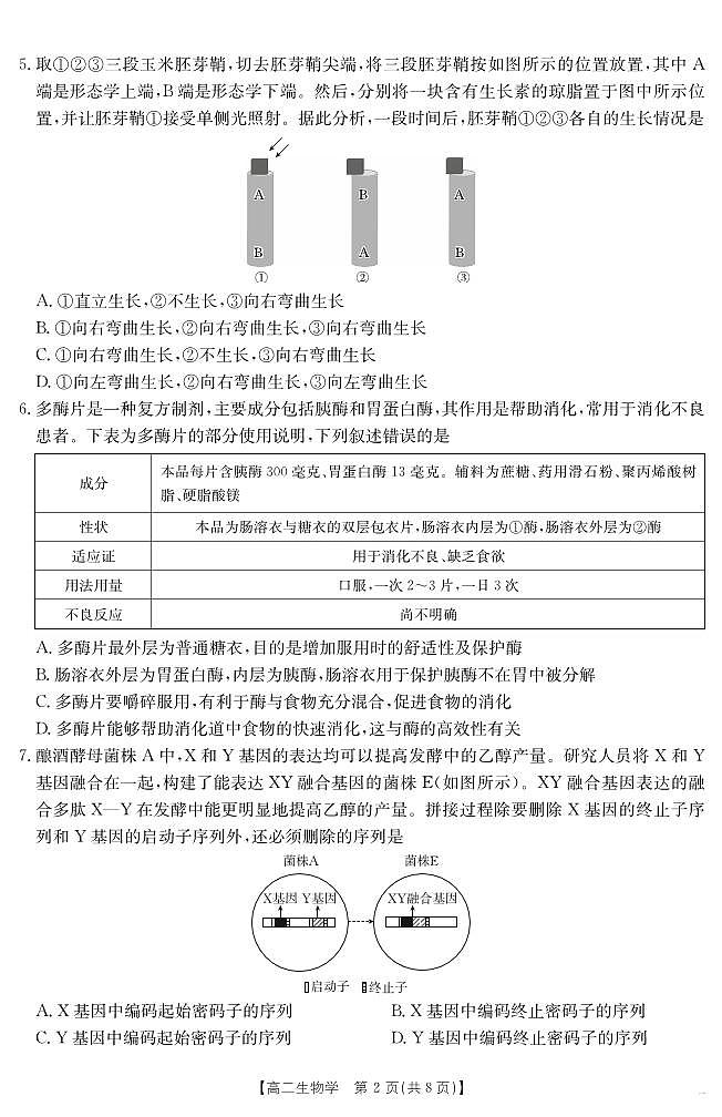 云南省曲靖市2024-2025届高二下学期阶段性诊断考试 生物学第2页