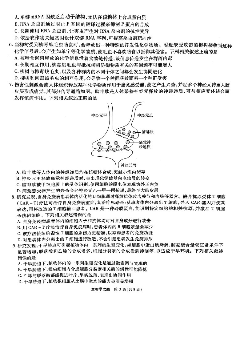 安徽省六校联考2025届高三2月开学考-生物试题（学生版）第3页