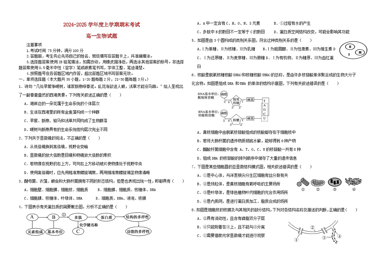 黑龙江省大庆市2024_2025学年高一生物上学期1月期末考试第1页