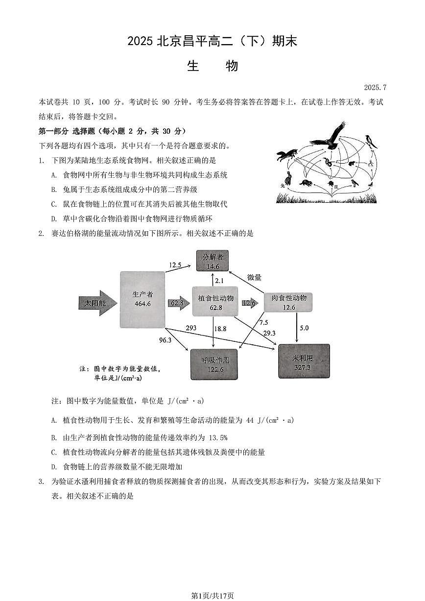 2025北京昌平高二（下）期末真题生物试卷（教师版）第1页