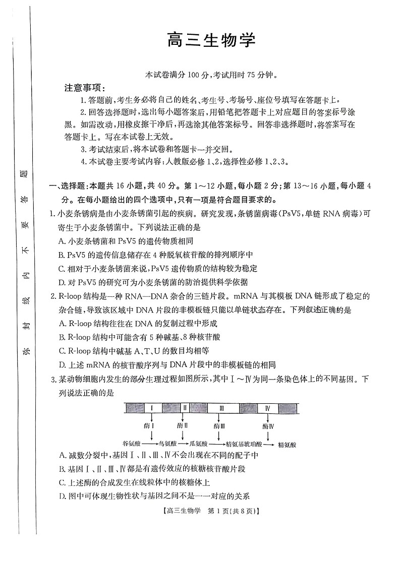 河南省金太阳2025年2月高三年级下学期2月份联考-生物试卷（学生版）第1页