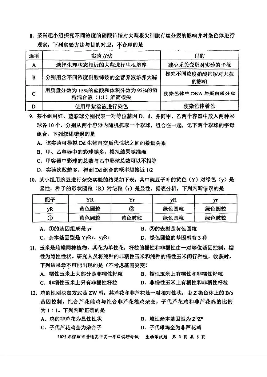 2025年深圳市普通高中高一年级调研考试 生物.pdf第3页