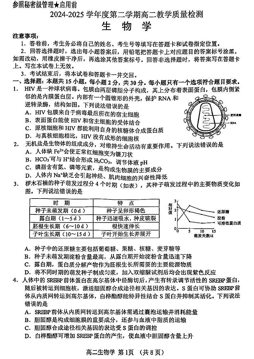 山东省淄博市2026届第二学期高二教学质量检测生物第1页