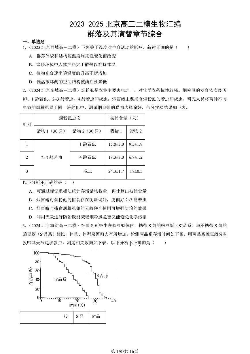 2023-2025北京高三二模[高考模拟]生物汇编：群落及其演替章节综合第1页