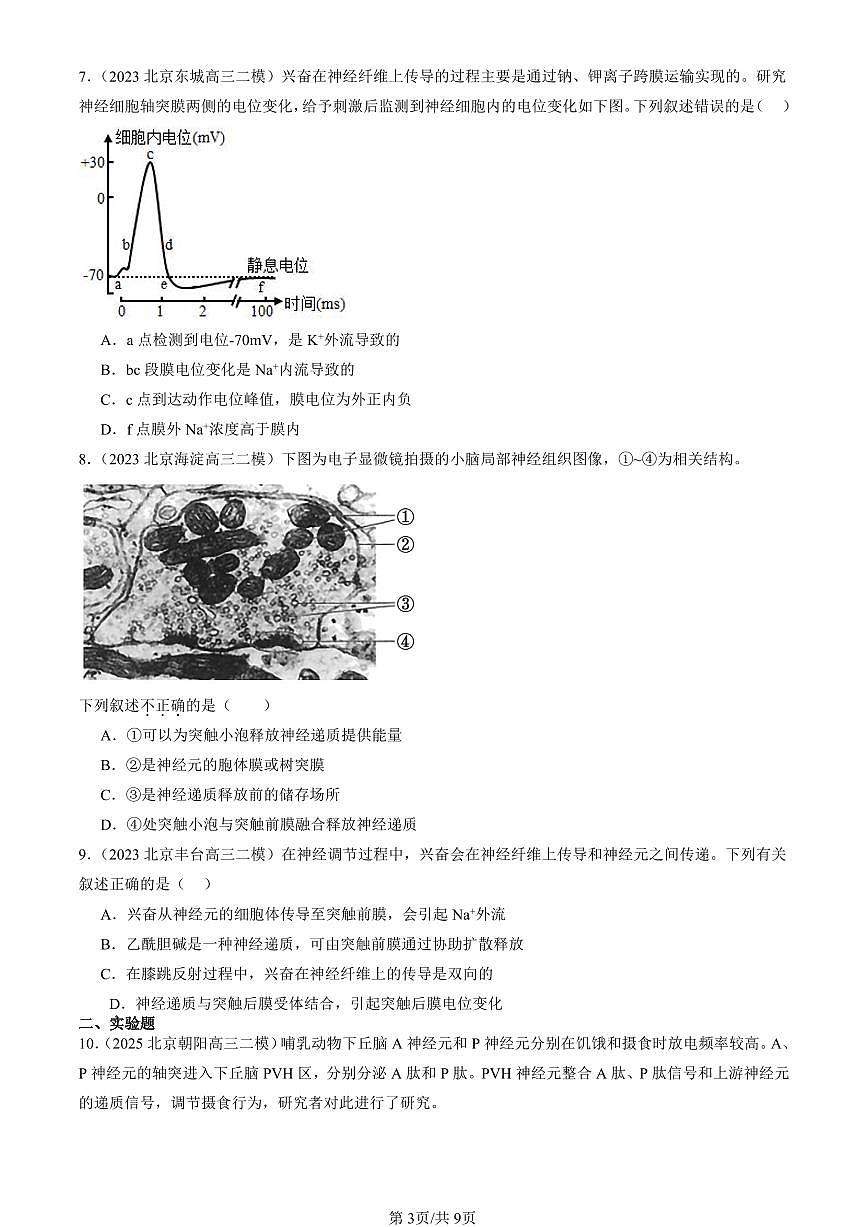 2023-2025北京高三二模[高考模拟]生物汇编：神经冲动的产生和传导第3页