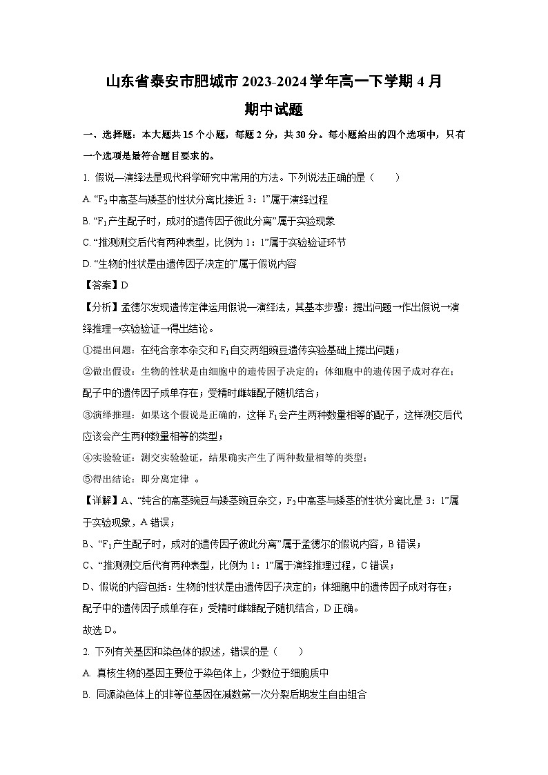 山东省泰安市肥城市2023-2024学年高一下学期4月期中生物试卷（解析版）第1页