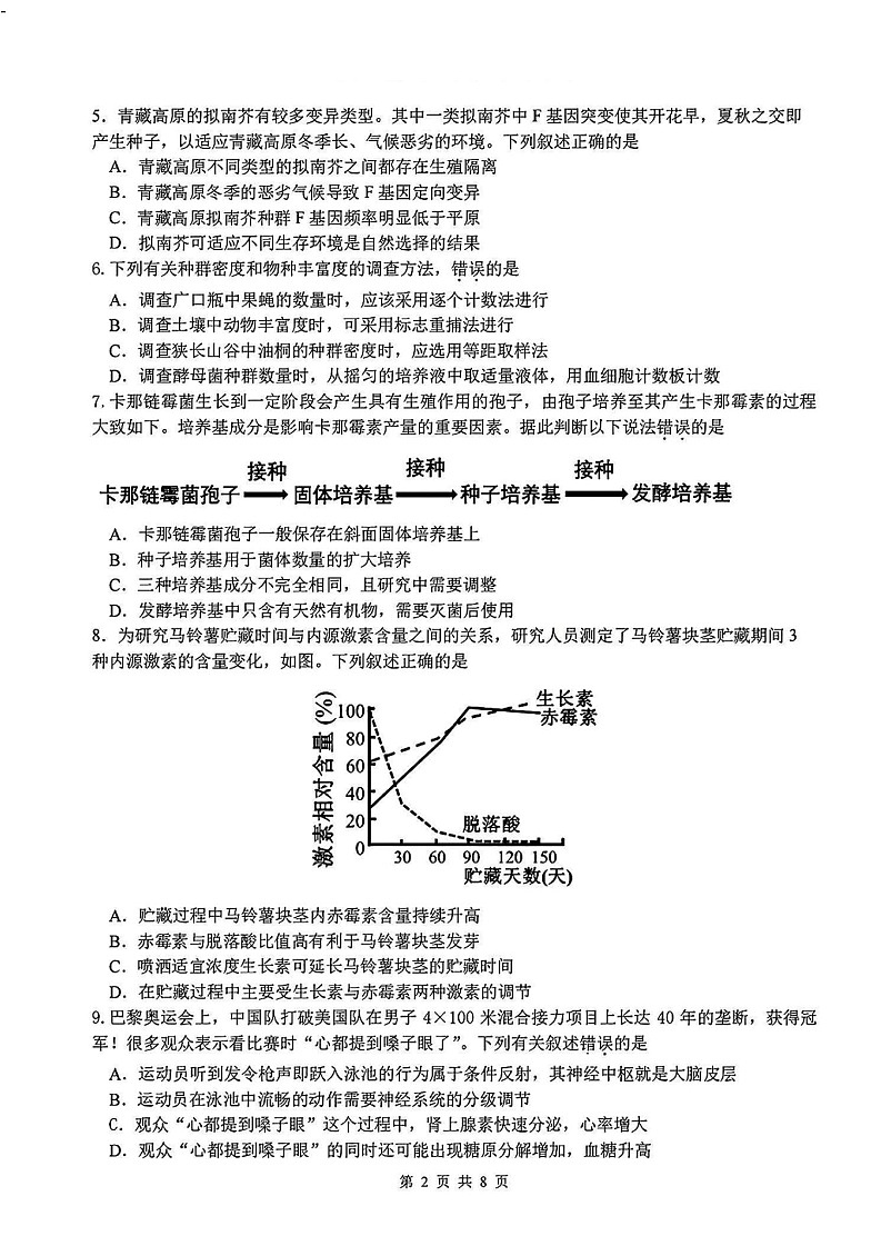 2025年2月浙江G12名校协作体高三下学期开学返校考-生物试卷（含答案）第2页