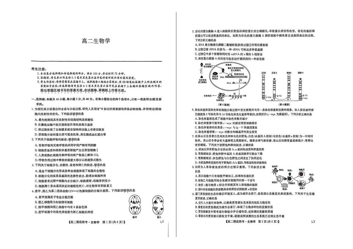 九师联盟2026届新高三生物6月摸底期末考试及其答案第1页