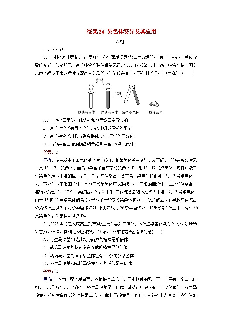 2026届高考生物一轮总复习提能训练练案26染色体变异及其应用第1页