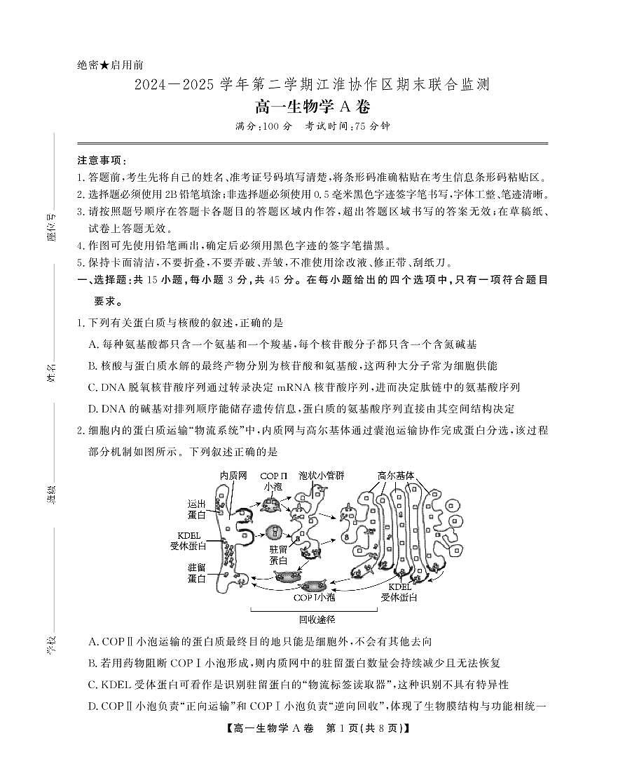安徽省江淮协作区2024-2025学年高一下学期期末考试生物（A）试卷（PDF版，含解析）第1页