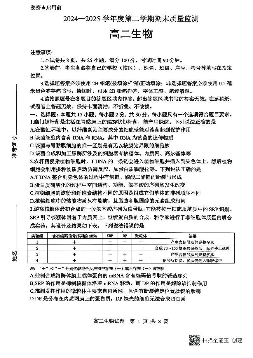 山东省东营市2024-2025学年高二下学期期末质量监测生物试卷（含答案）第1页