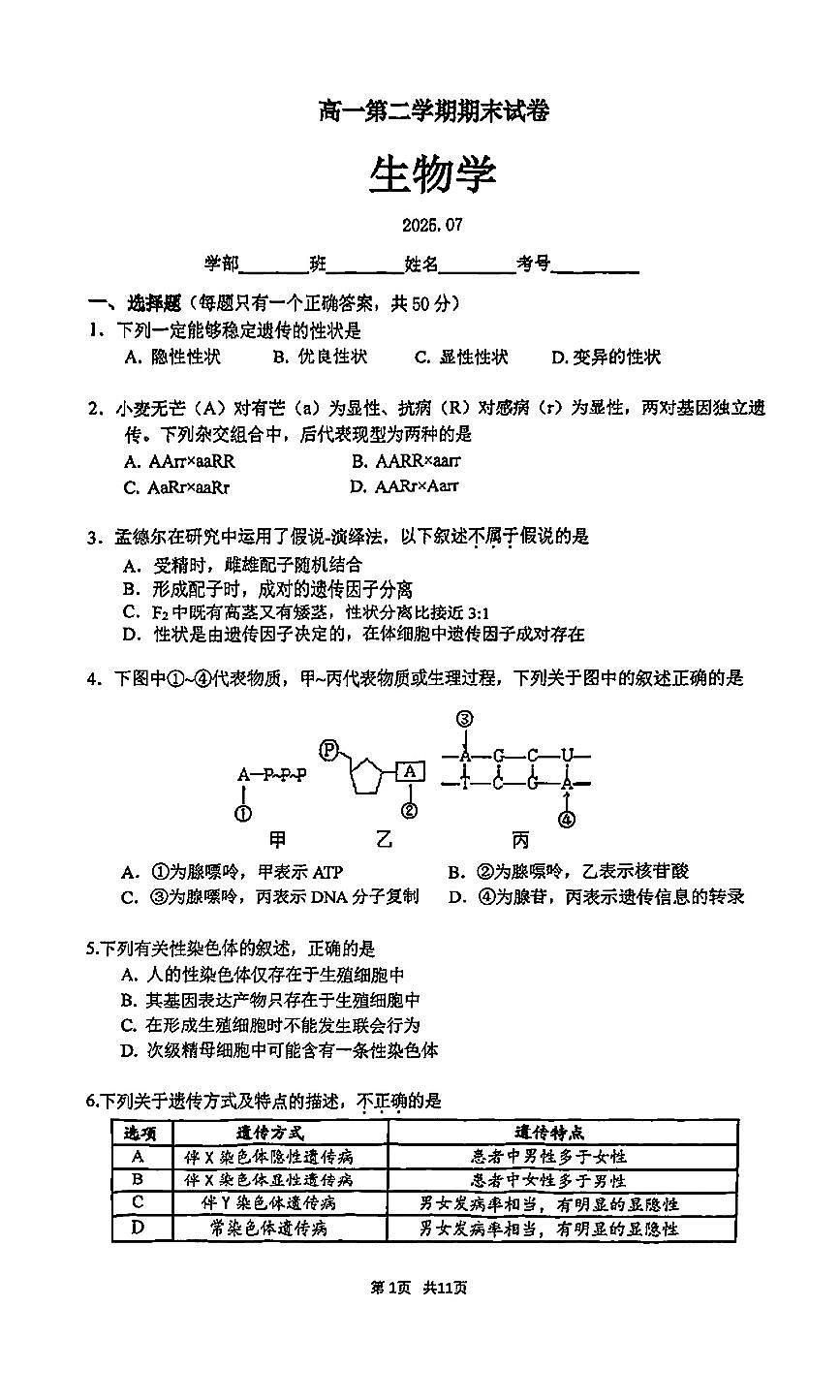 2025北京清华附中高一（下）期末生物试卷 有答案第1页