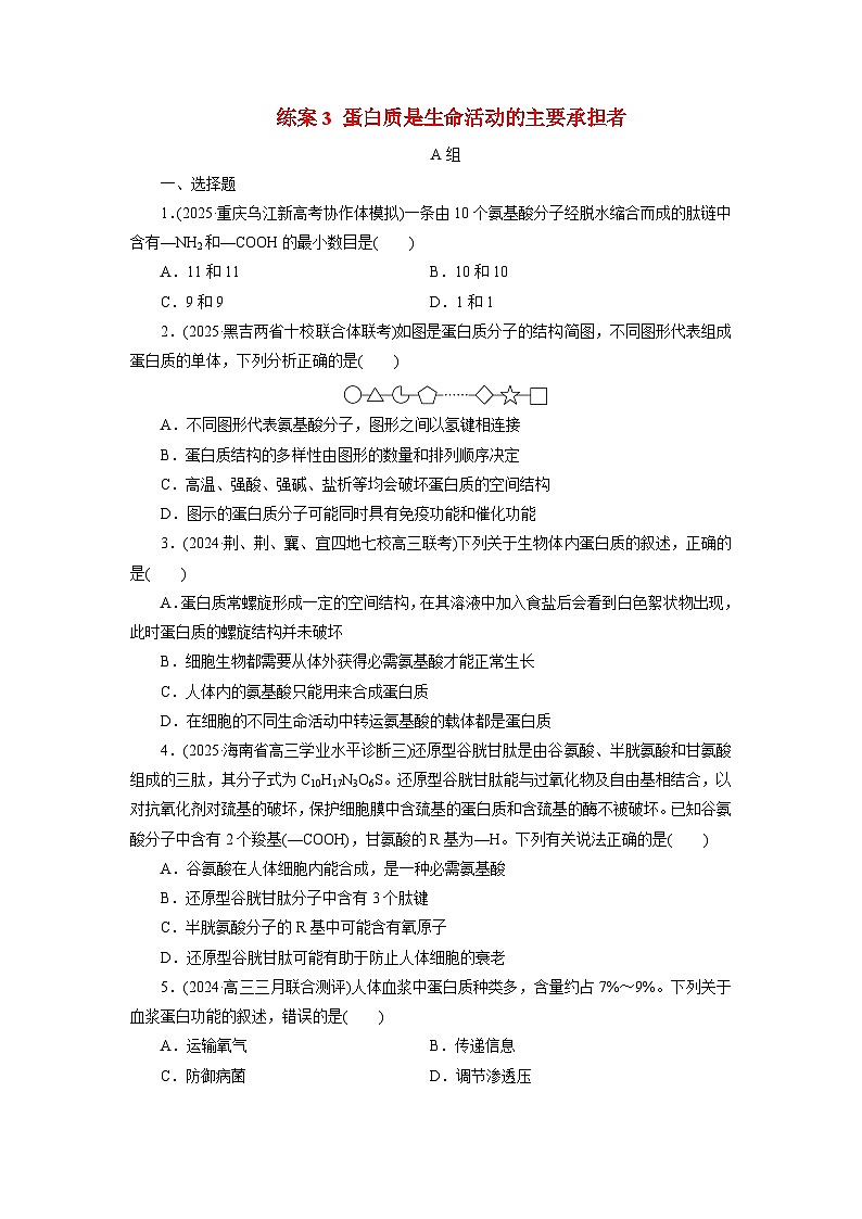 2026届高考生物一轮总复习提能训练练案3蛋白质是生命活动的主要承担者第1页