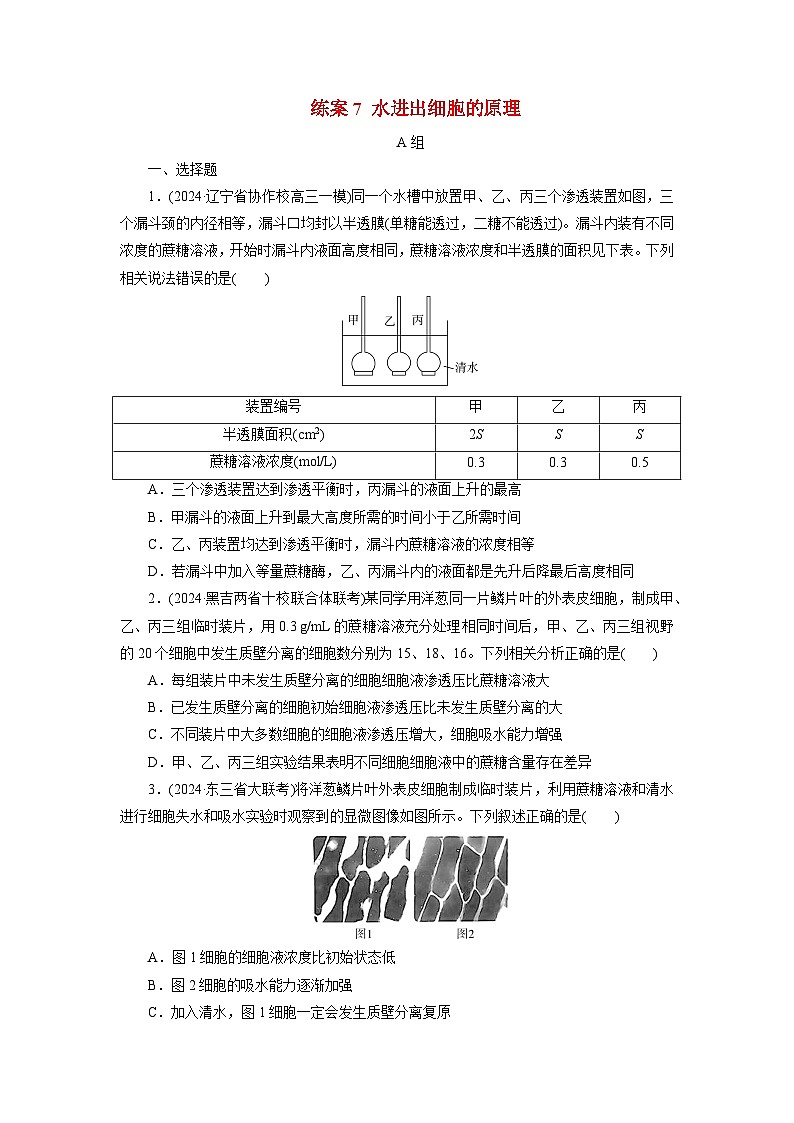 2026届高考生物一轮总复习提能训练练案7水进出细胞的原理第1页