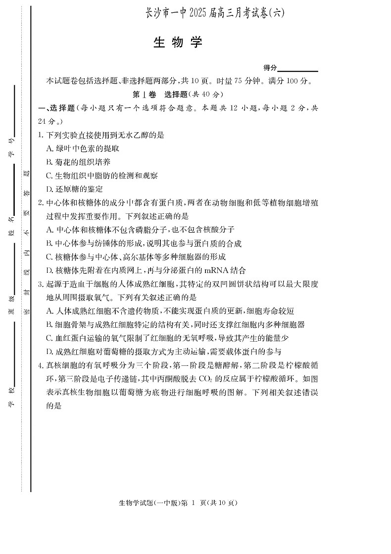 炎德·英才大联考长沙市一中 2025 届高三下学期月考试卷（六）生物试卷（学生版）第1页