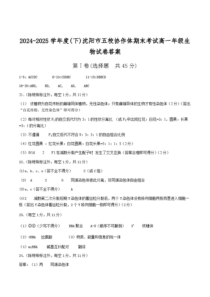 辽宁省沈阳市五校协作体2024-2025学年高一下学期期末考试生物答案第1页