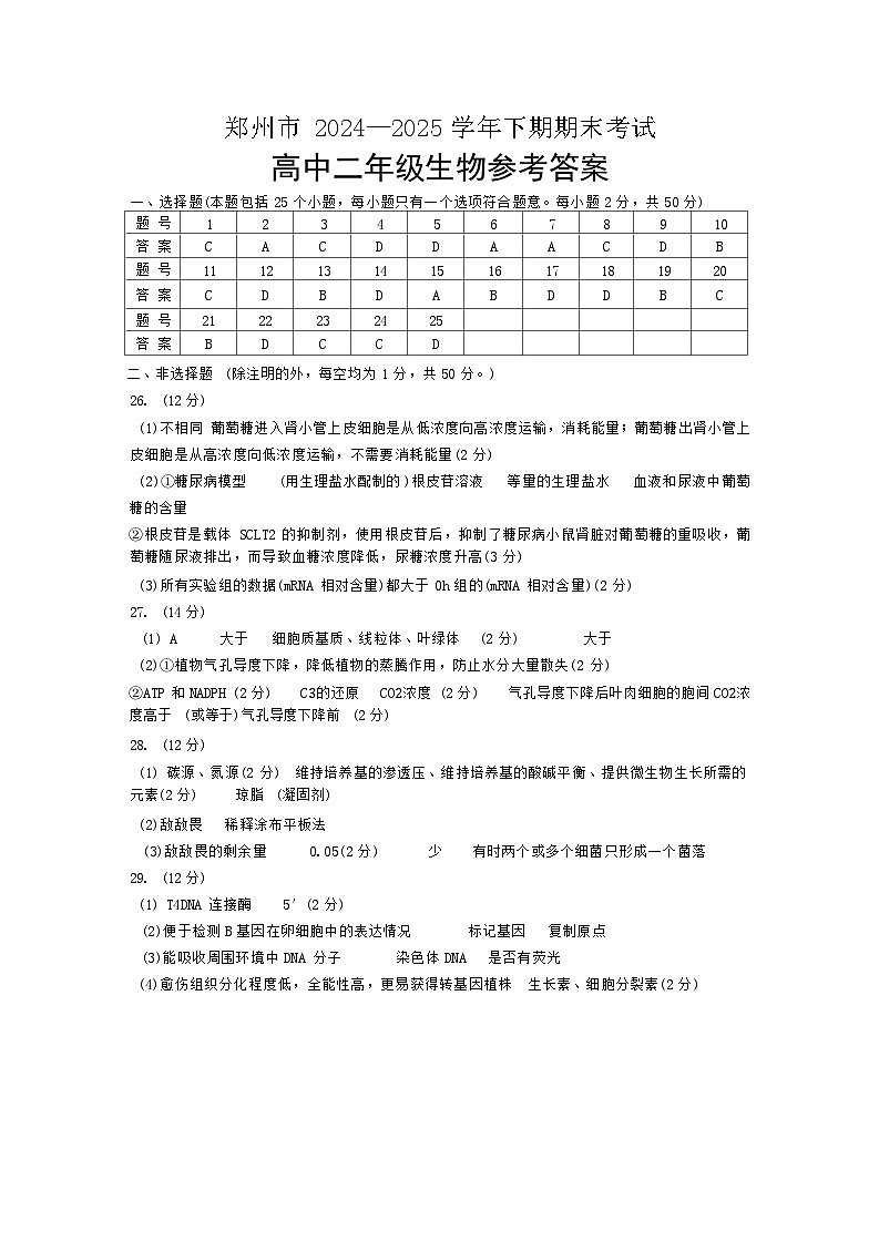 河南省郑州市2024-2025学年下期高二年级下学期末考试 生物答案.docx第1页