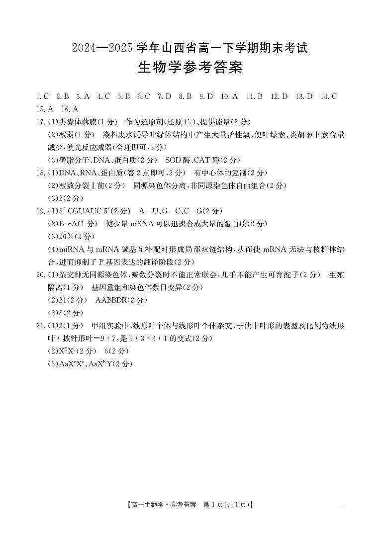 山西省2024-2025学年高一下学期期末考试 生物答案第1页