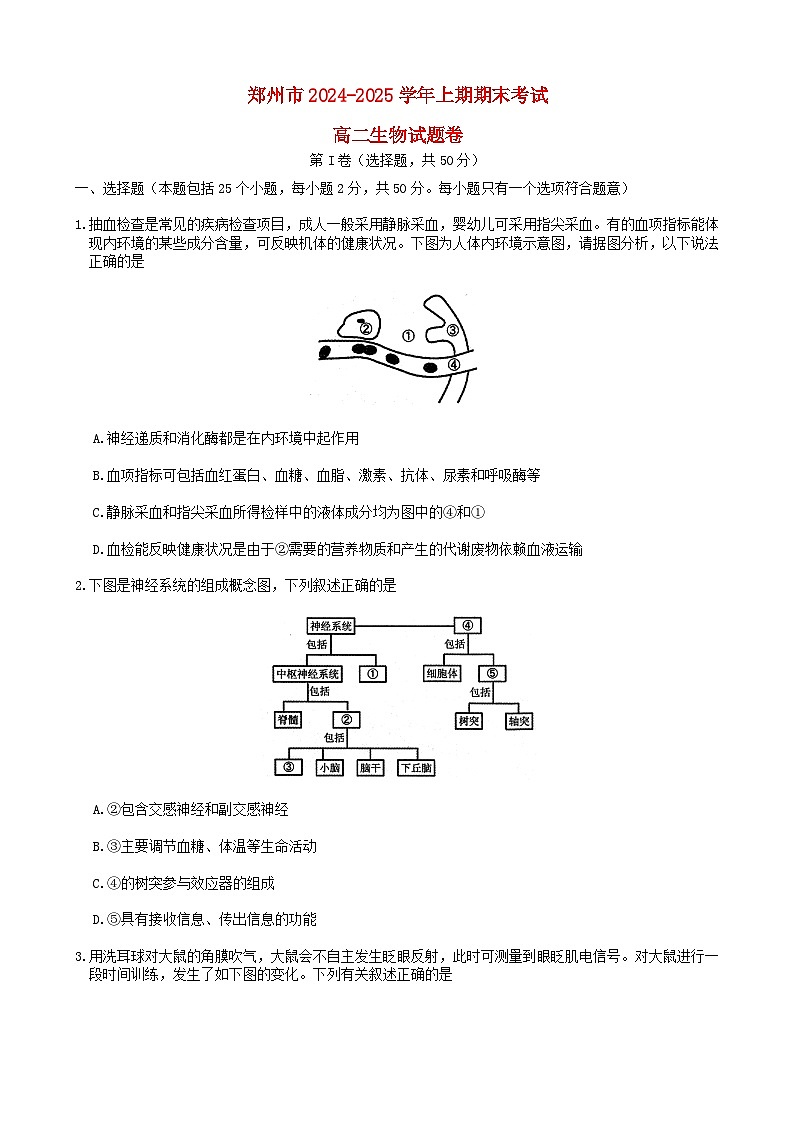 河南省郑州市2024_2025学年高二生物上学期期末考试第1页