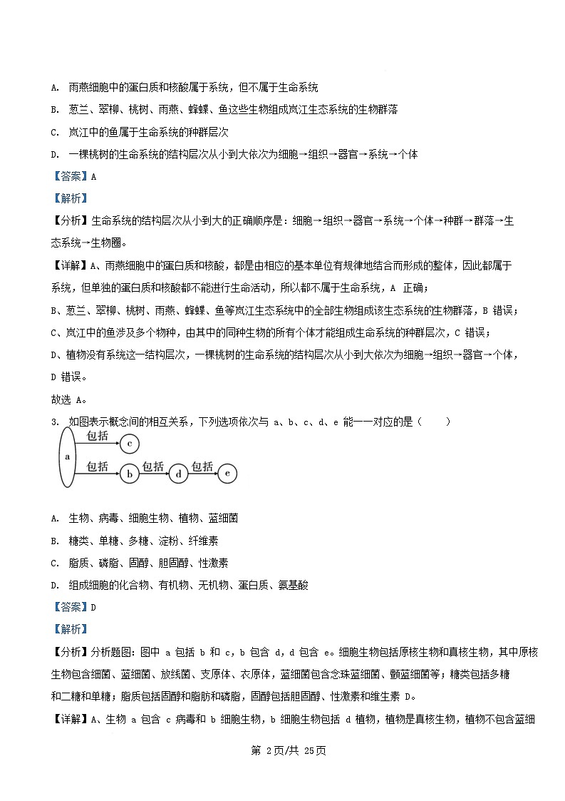 湖南省岳阳市2024_2025学年高一生物上学期期末考试试题含解析第2页