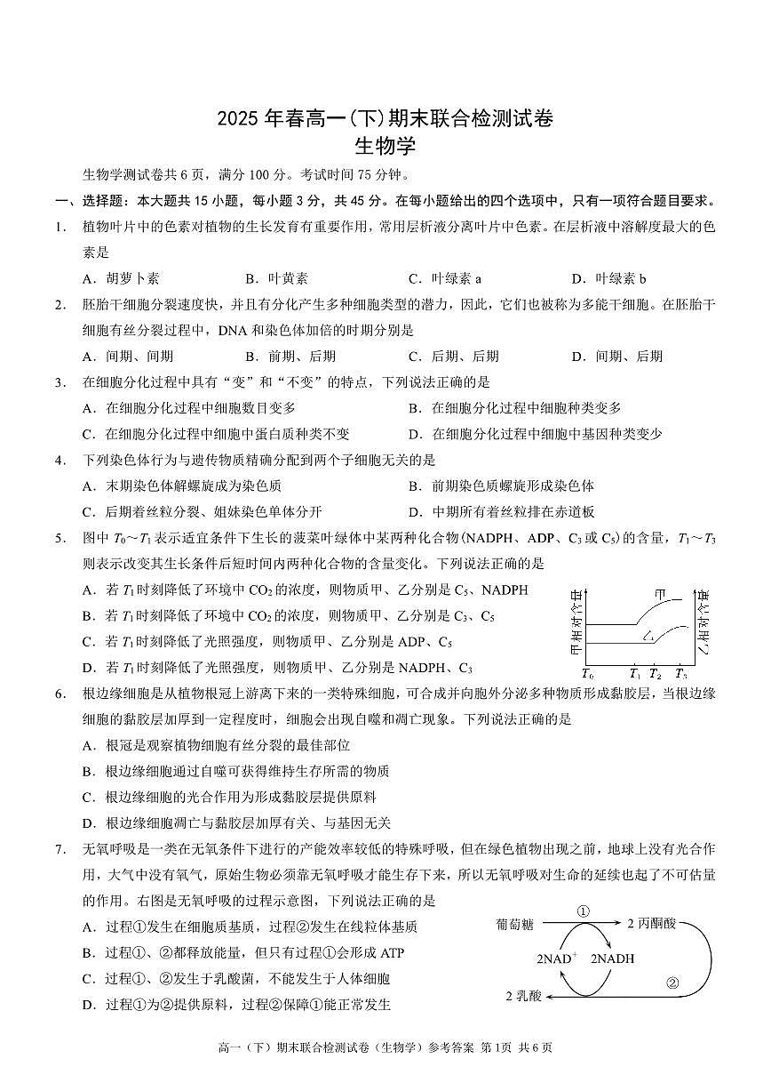 重庆市康德教育2024-2025学年高一下学期期末考试生物试卷（PDF版附解析）第1页