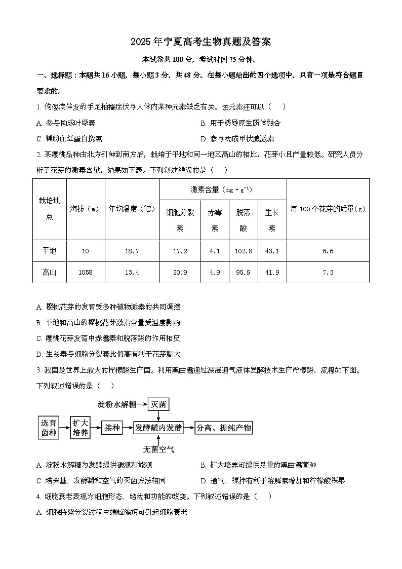 2025年6月宁夏普通高中学业水平选择性考试生物试题[原卷]附答案第1页