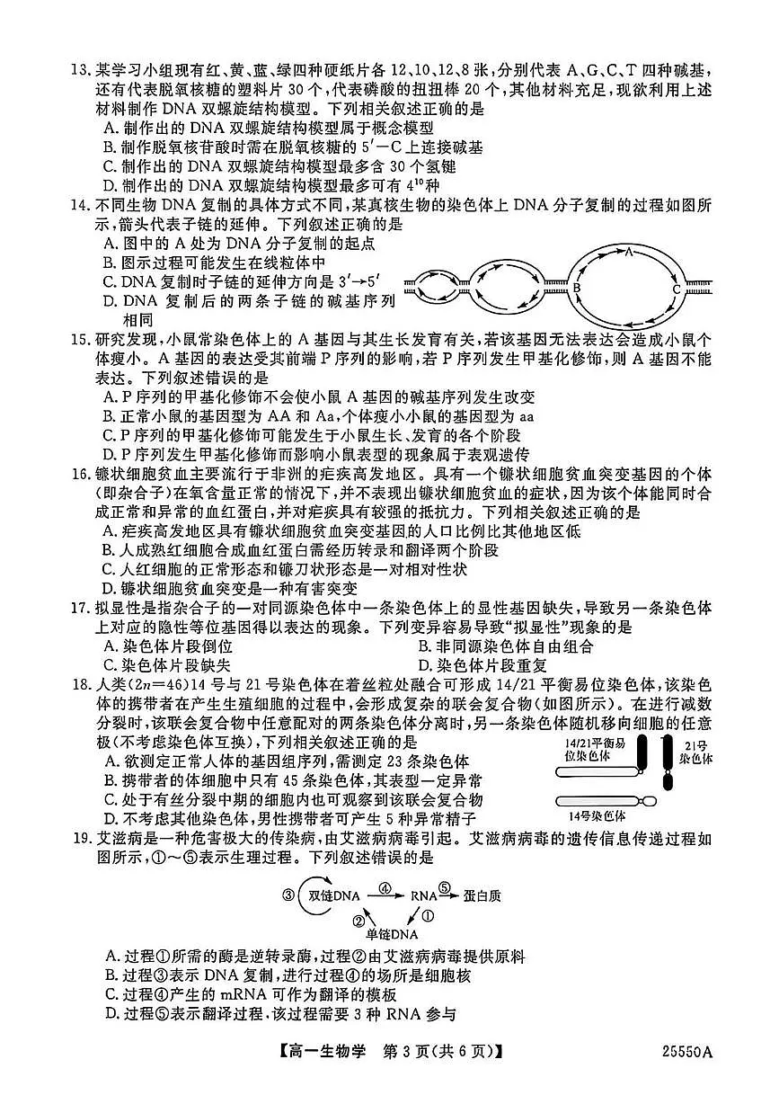 辽宁省沈阳市2024-2025学年高一下学期期末考试生物试题(扫描版，有答案)第3页