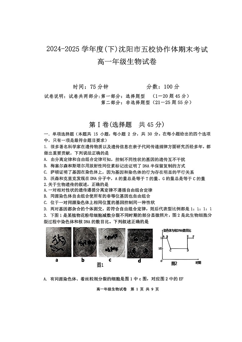 辽宁省沈阳市五校协作体2024-2025学年高一下学期期末考试生物试卷（图片版）第1页