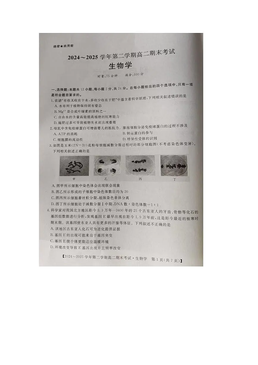 湖南省怀化市2024-2025学年高二下学期6月期末生物试卷（图片版，含解析）第1页