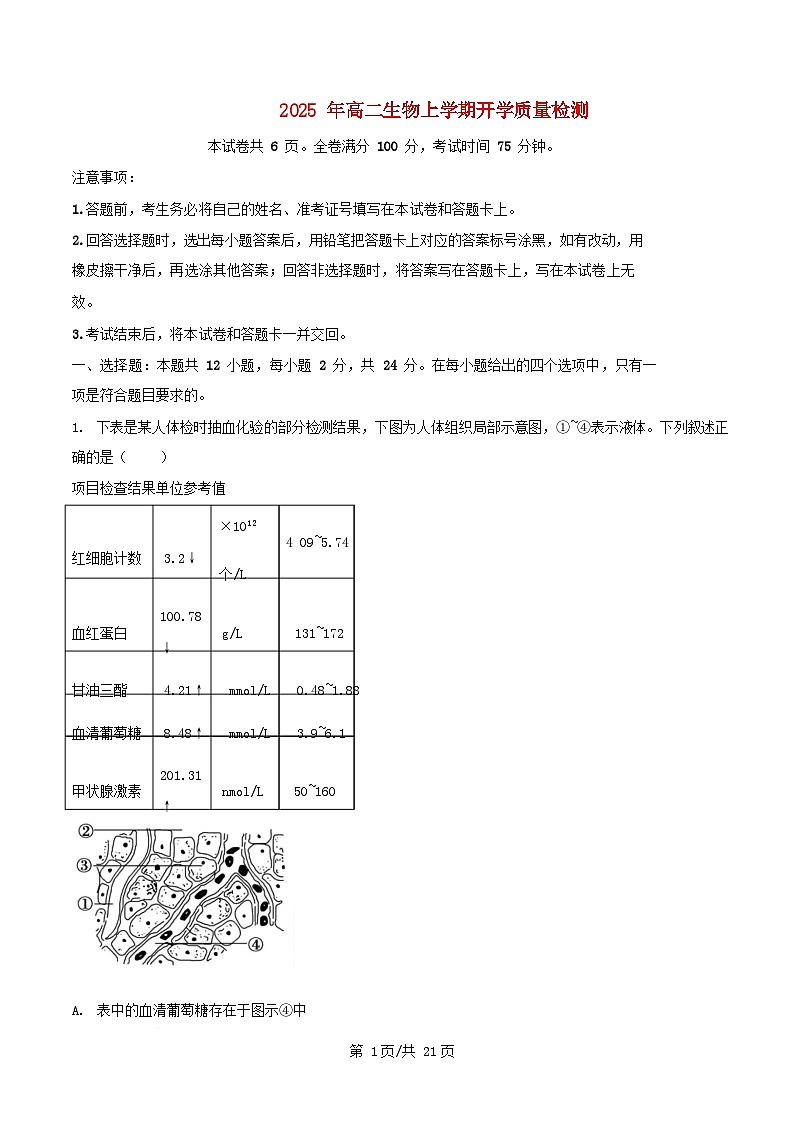 湖南省2024_2025学年高二生物下学期开学质量检测试题含解析第1页