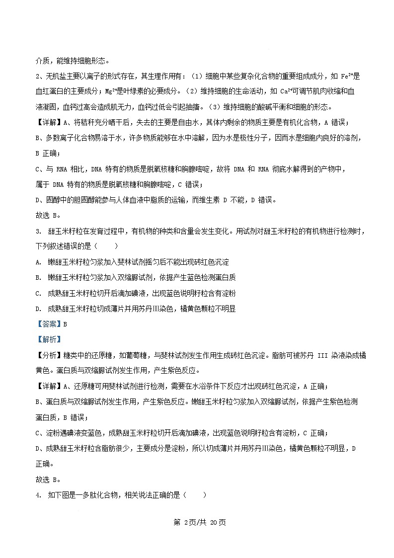 湖南省长沙市芙蓉区2024_2025学年高一生物下学期开学试题含解析第2页
