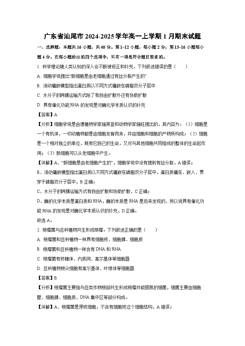 广东省汕尾市2024-2025学年高一上学期1月期末生物试卷（解析版）第1页