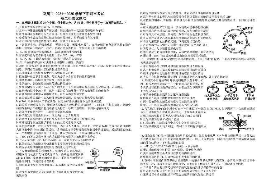 生物-河南省郑州市2024-2025高二下期末考试试题和答案第1页