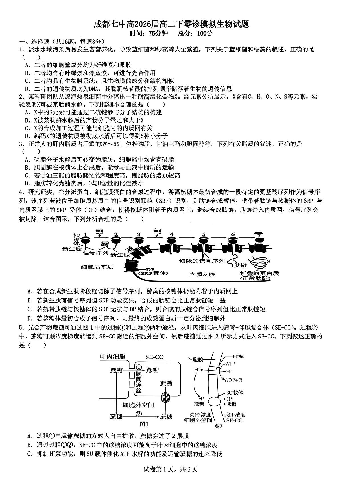 四川省成都市第七中学2024-2025学年度下期高2026届零诊模拟考试生物试题【含答案】第1页