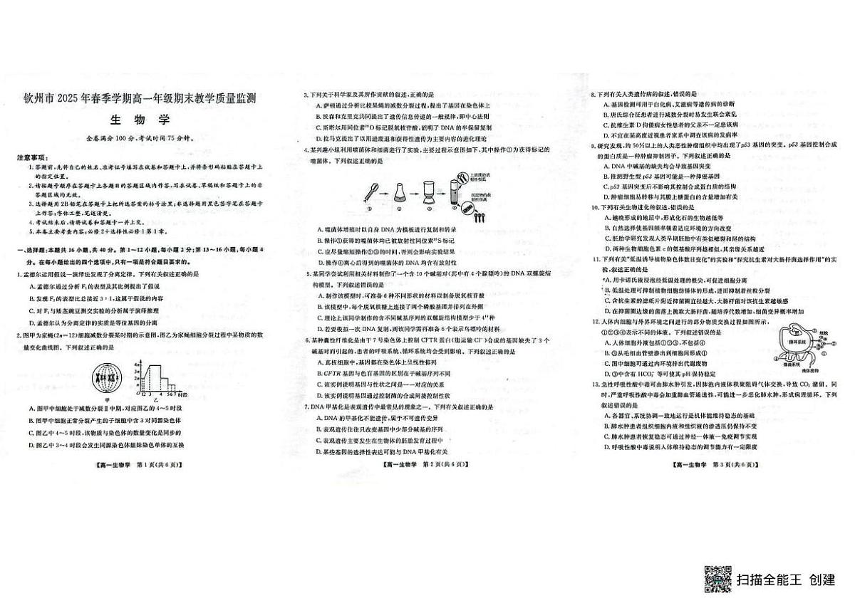 广西钦州市2024-2025学年高一下学期期末检测生物试题第1页