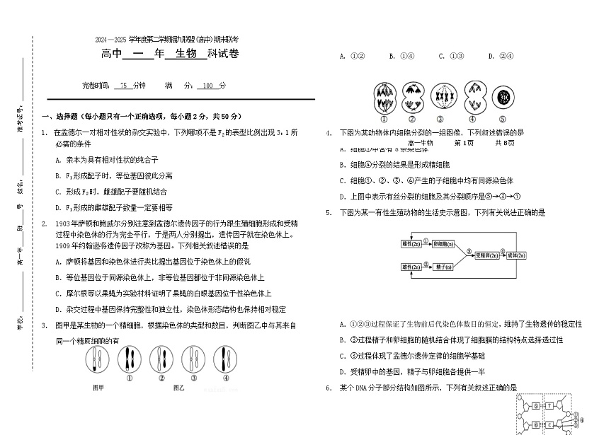 福建省福州市福九联盟2024-2025学年高一下学期7月期末考试生物试题（Word版附答案）第1页